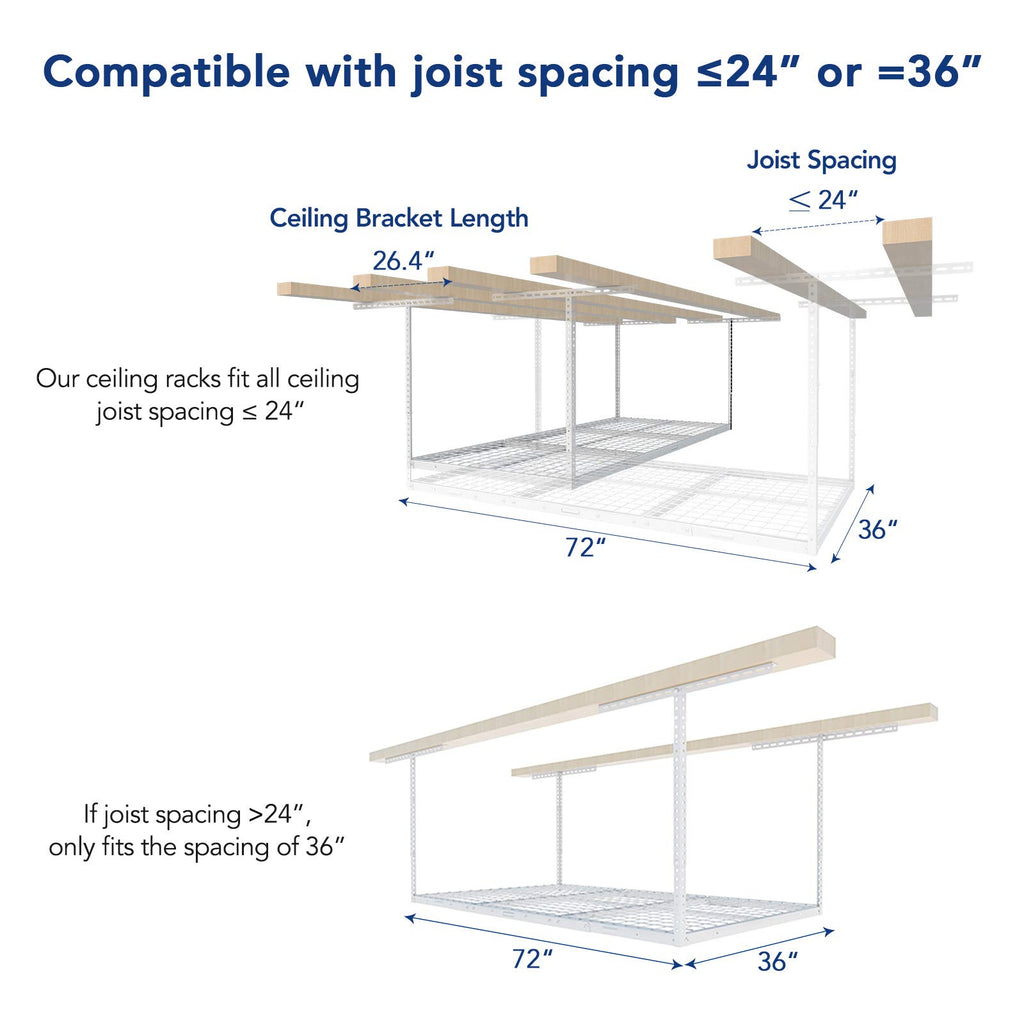 FLEXIMOUNTS 2 Pack 3x6 Overhead Garage Storage Adjustable Ceiling Rack 72" Length x 36" Width x 40" Height, 900lbs Total Weight Capacity, White, Classic Series