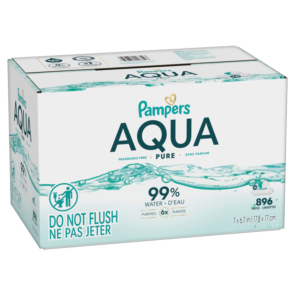 Pampers Aqua Pure Baby Wipes, Unscented, Fragrance Free, 99% Water, Water Based, Multi-Use, 896 Wipes Total (16X Flip-Top Packs)