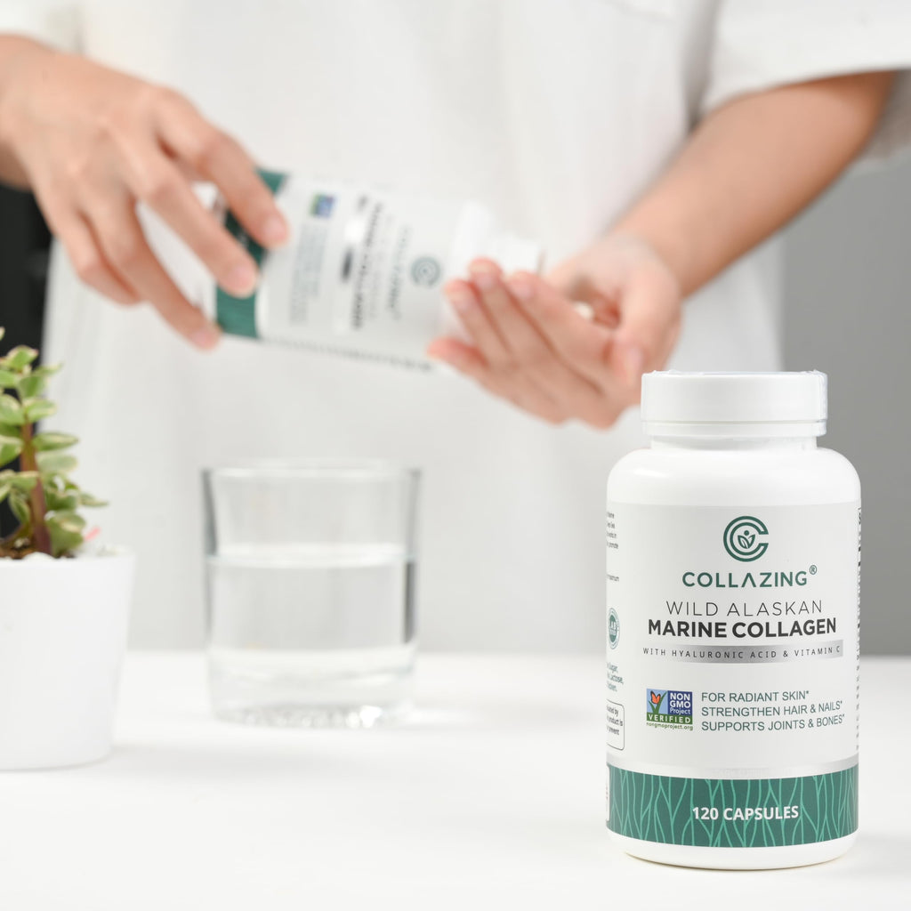C COLLAZING - Alaskan Wild-Caught Marine Collagen Peptides with Hyaluronic Acid & Vitamin C - Supports Skin, Hair, Nails, Joints & Bones - Type 1 & 3 Collagen for Women & Men - 120 Powder Capsules