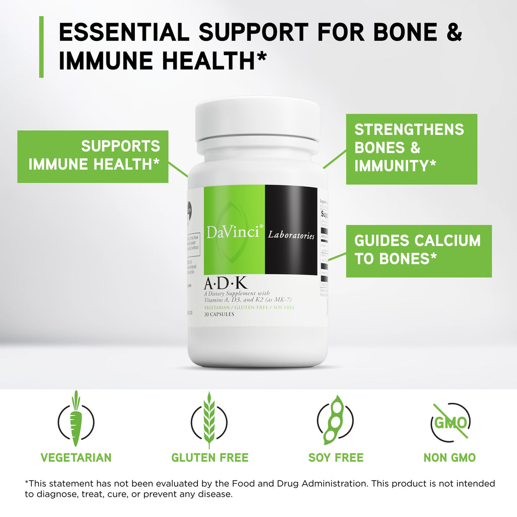 DAVINCI Labs ADK - Helps Support Bone, Heart & Immune Health - Dietary Supplement with Vitamins A, D3 & K2 (as MK-7) - Vegetarian, Gluten Free & Soy Free - 30 Capsules