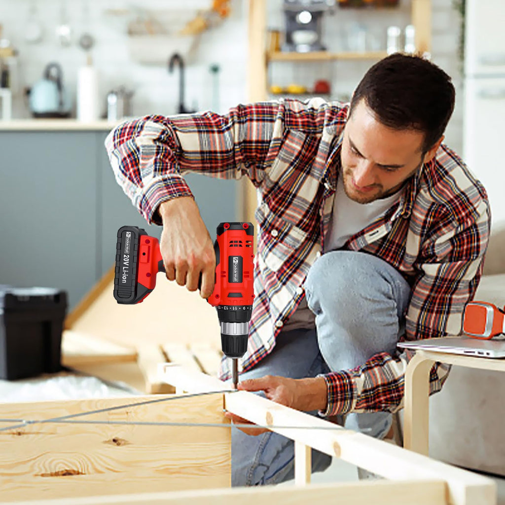 FADAKWALT Cordless Drill Set, 20V Electric Power Drill With Battery And Charger, 30N Torque, 21+1 Settings, 3/8-Inch Keyless Chuck, Driver Bits Kit, LED Light (Red）