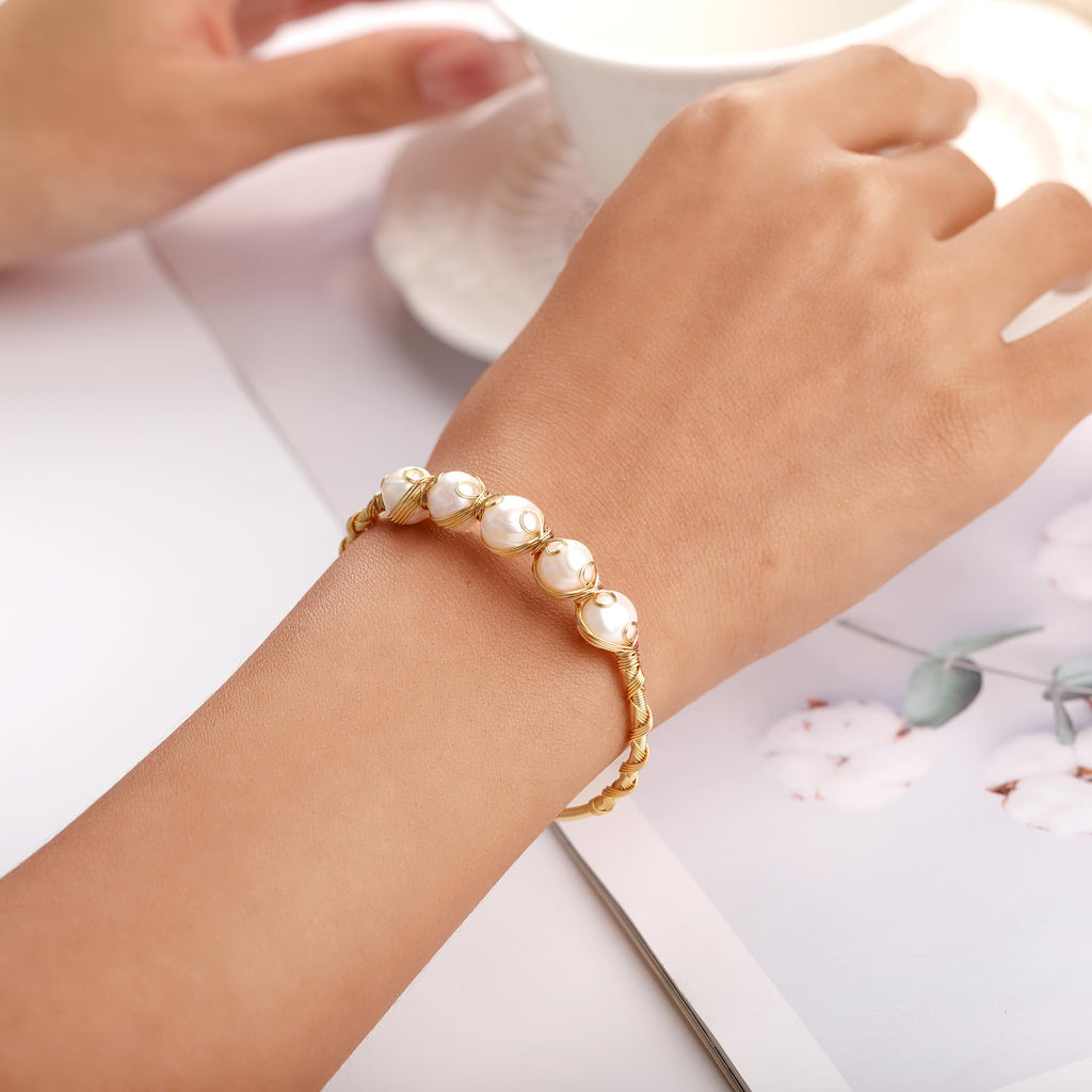 LOOYUUPEE Pearls Bracelets for Women, Natural Freshwater Pearls Bracelets Jewelry Bangle, Lucky Jewelry for Mom Lover Her Diameter 1.96 ins Adjustable (14K Gold Plated)