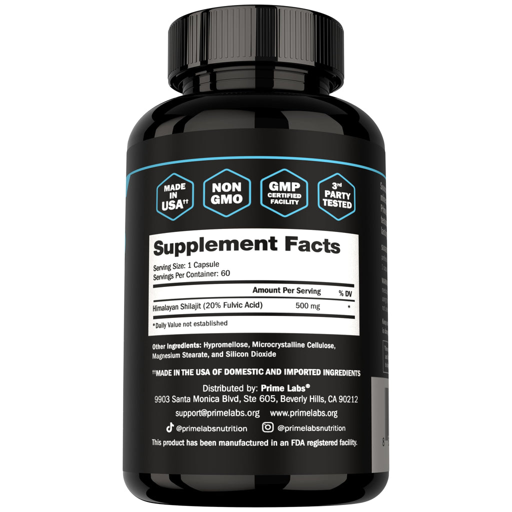 Prime Labs Shilajit Capsules for Men - 500mg Himalayan Shilajit (20% Fulvic Acid) - Energy, Vitality, Testosterone Support - Third-Party Tested, Made in the USA, Non-GMO - 60 Count, 60 Servings