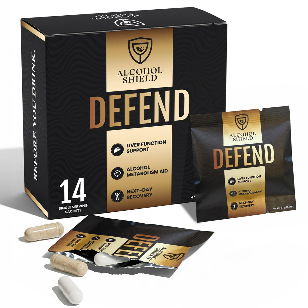 ALCOHOL SHIELD Defend Hangover Supplement | DHM + NAC | Feel Better After Drinking | Alcohol Recovery & Liver Support | Electrolytes & B Vitamins | 14 Sachets