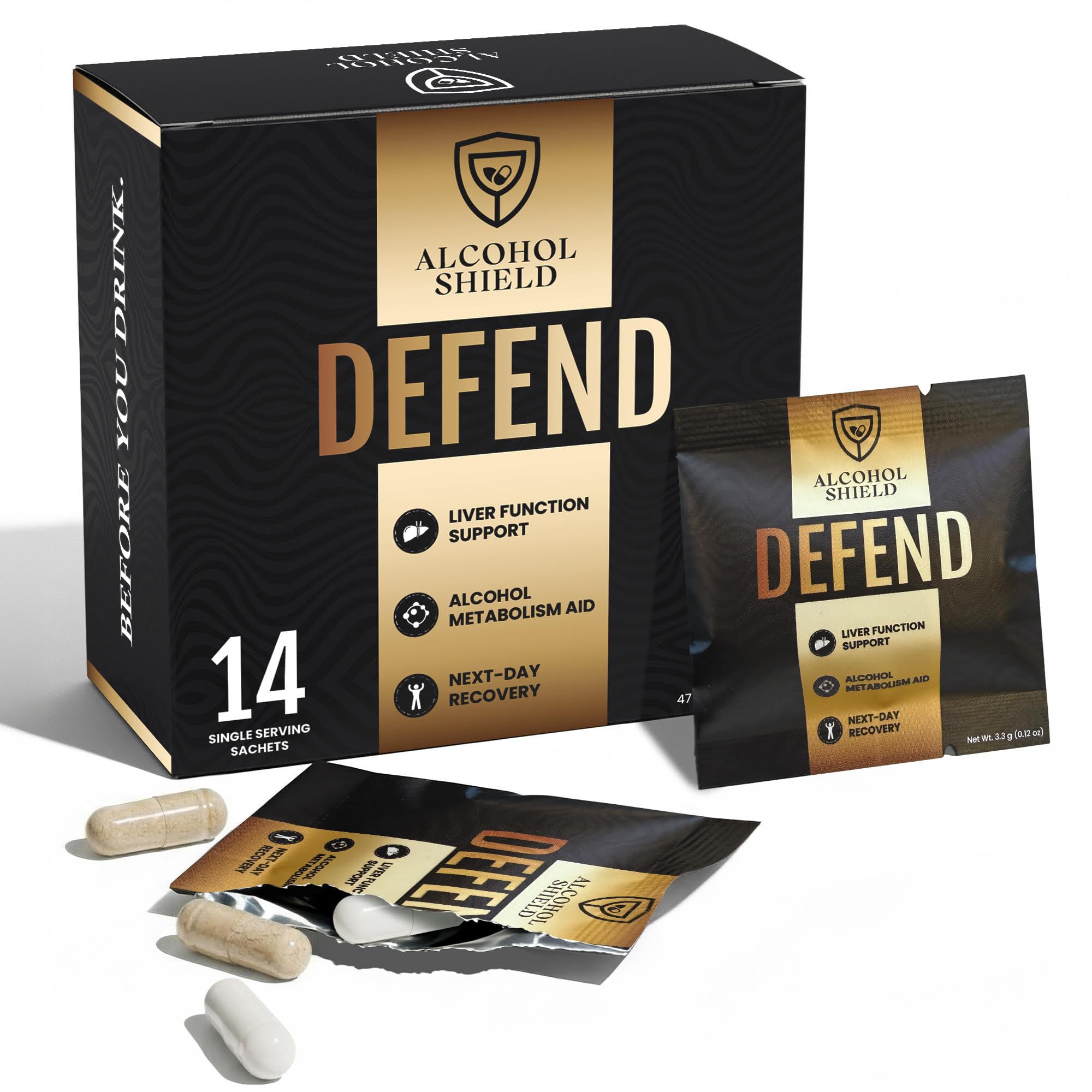 ALCOHOL SHIELD Defend Hangover Supplement | DHM + NAC | Feel Better After Drinking | Alcohol Recovery & Liver Support | Electrolytes & B Vitamins | 14 Sachets
