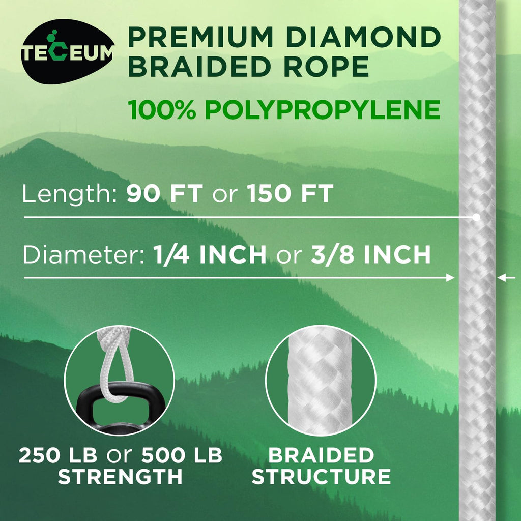 TECEUM Rope – 150 Feet x 1/4 Inch (7mm) – White – Strong All-Purpose Cord