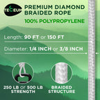 TECEUM Rope – 150 Feet x 1/4 Inch (7mm) – White – Strong All-Purpose Cord