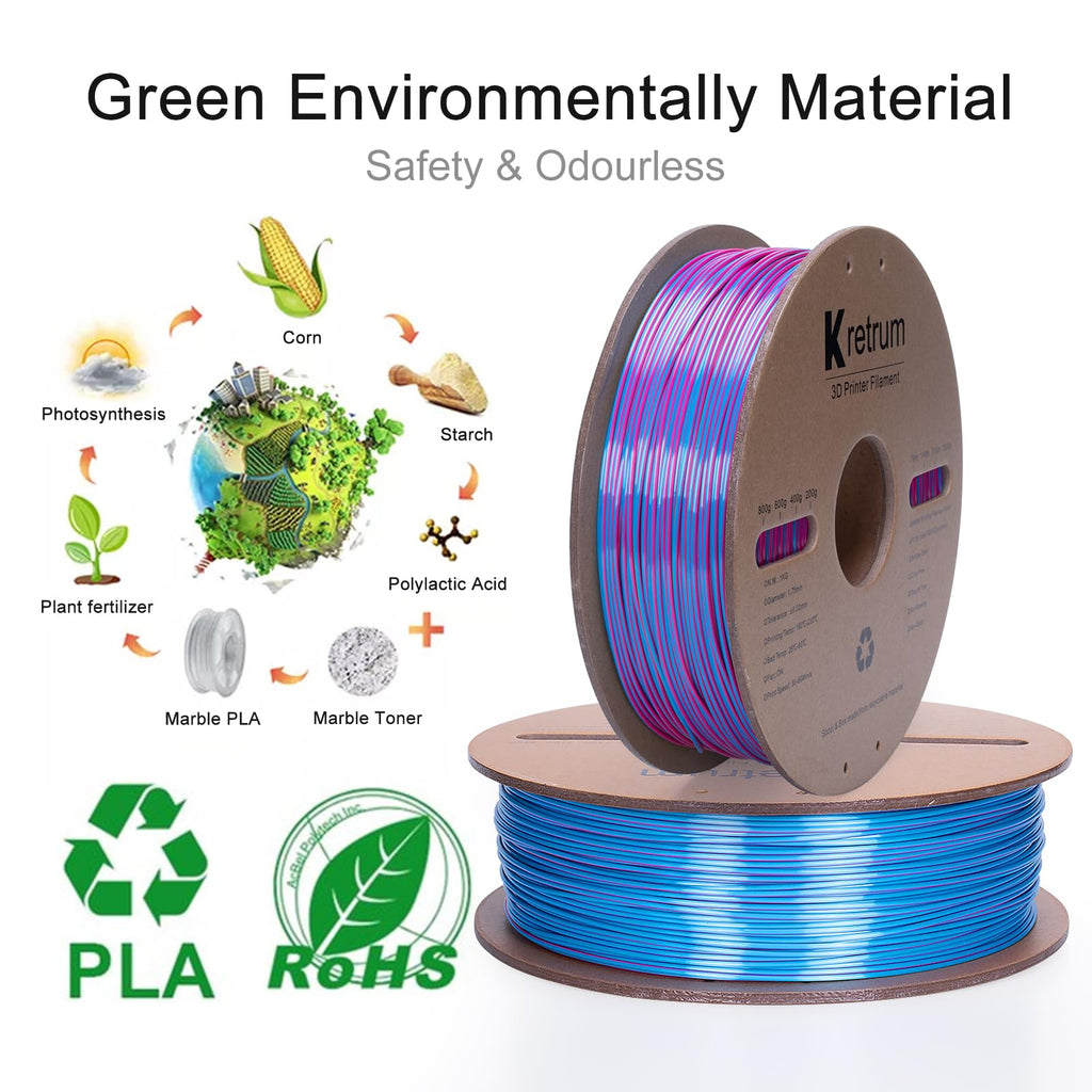 Kretrum Dual Color Silk PLA 3D Printer Filament 1.75mm Silk PLA Color Changing 3D Printing Filament 1kg / 2.2lbs Purple & Blue