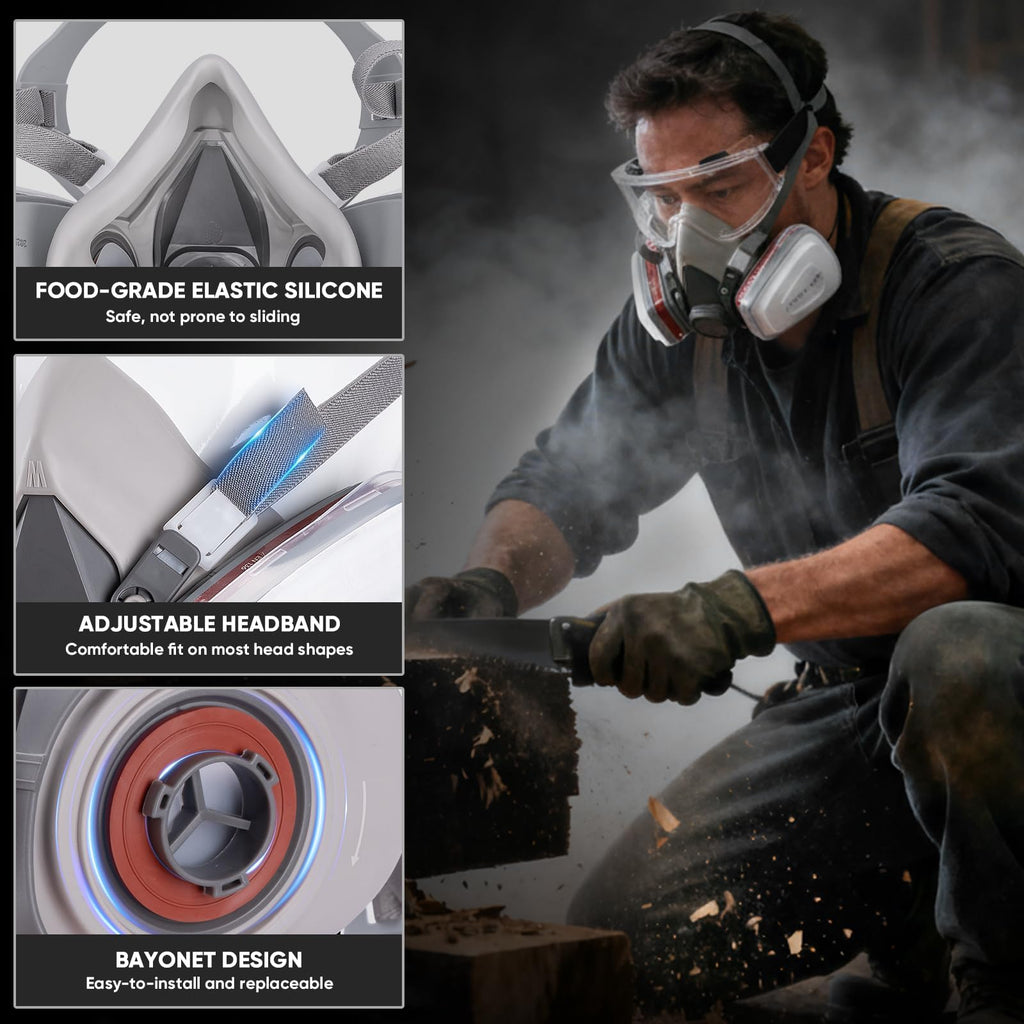 TICONN Reusable Respirator Mask with Filters, Gas Mask with Anti Fog Safety Glasses, Anti-Dust Half Face Cover Respirator