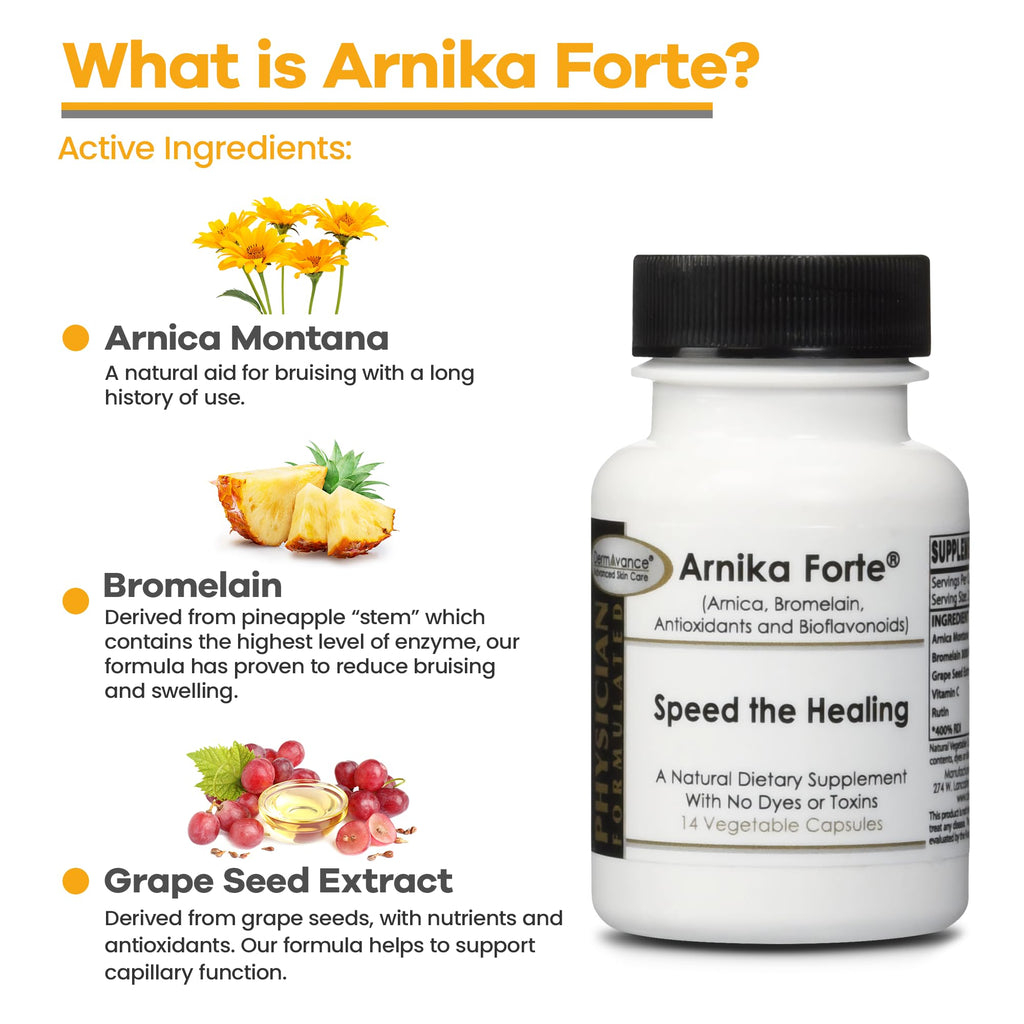 DermAvance Arnika Forte Capsules – Swelling and Bruising Reducer After Surgery and Aesthetic Treatments, Antioxidants & Bioflavonoids, Arnica 1000mg, Bromelain 125mg 3000GDU - 14 Capsules