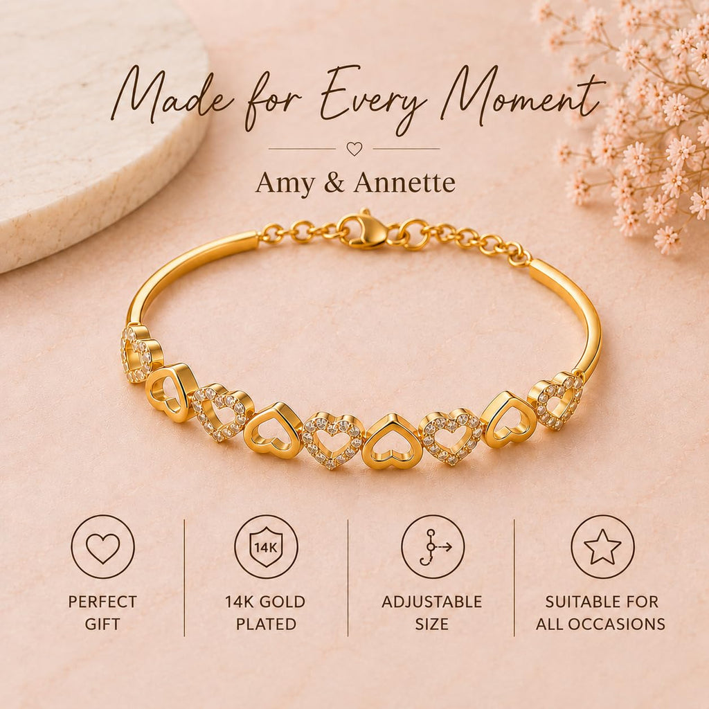 Amy & Annette 14K Gold Plated Heart Bangle Bracelet for Women with Crystals - Adjustable Gold Bangles, Heart Bracelets for Women, Cute Bangle, Gold Plated Bracelets