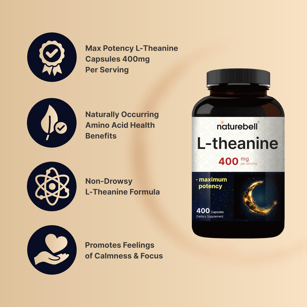 NatureBell L-Theanine Supplement - 400 Capsules - 400mg Max Potency Amino Acid Support - for Relaxation, Calm, and Focus - Non-Drowsy Free-Form Formula*