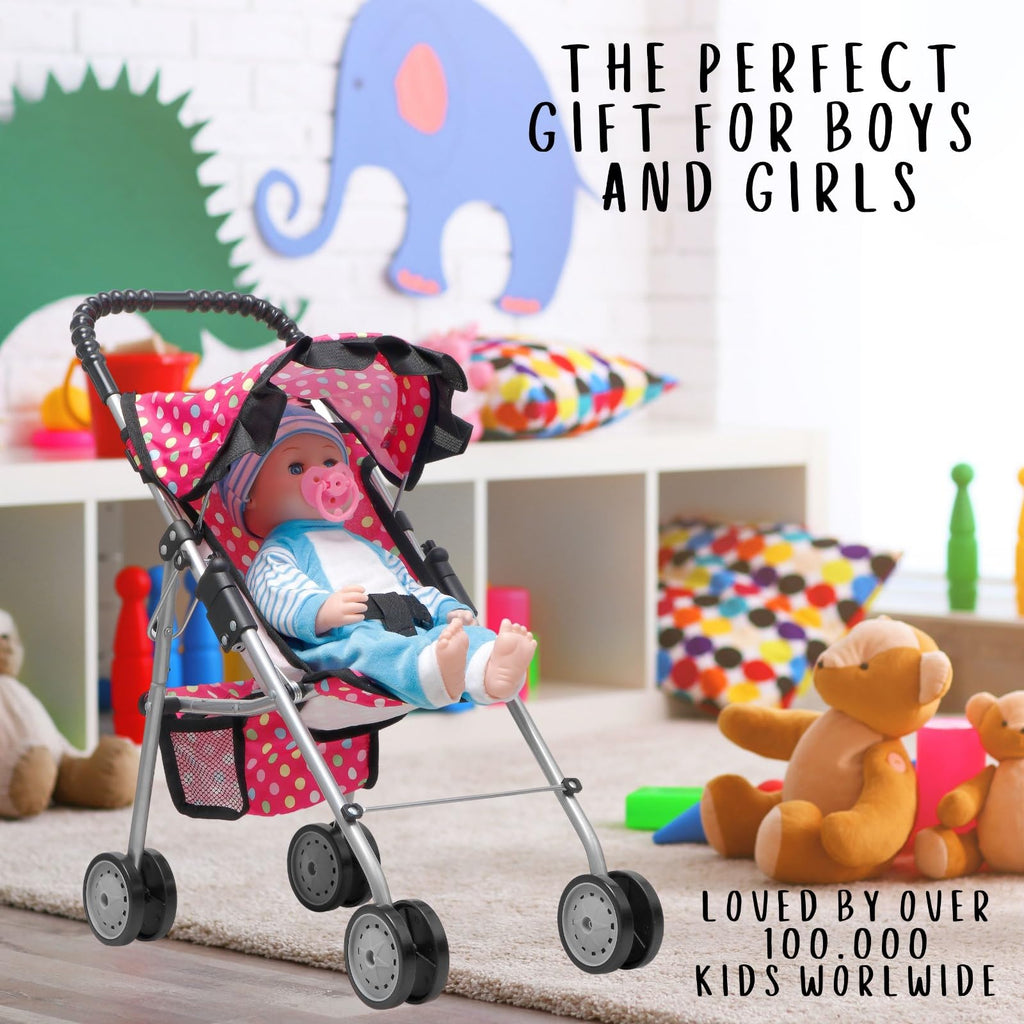 fash n kolor® - Doll Stroller My First Baby Doll Strollers Toy - Flower Design with Basket in The Bottom- Doll Accessories 2 Free Magic Bottles Included (Polka Dot)