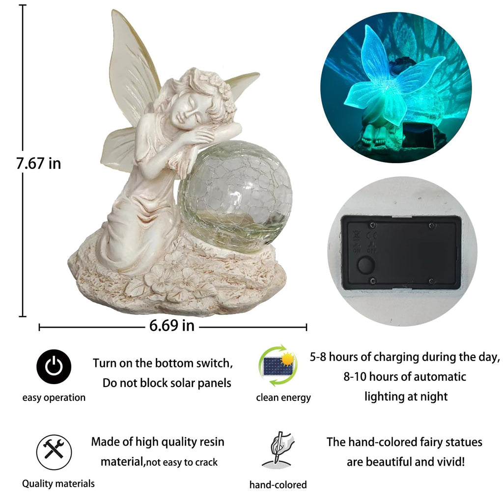 RATUEJIA Solar Fairy Garden Statue, Outdoor Waterproof Resin Fairy Figurine Lights with Cracked Glass Ball, Fairy Garden Decor for Yard Patio Lawn, Ideal Gift for Women & Garden Lovers