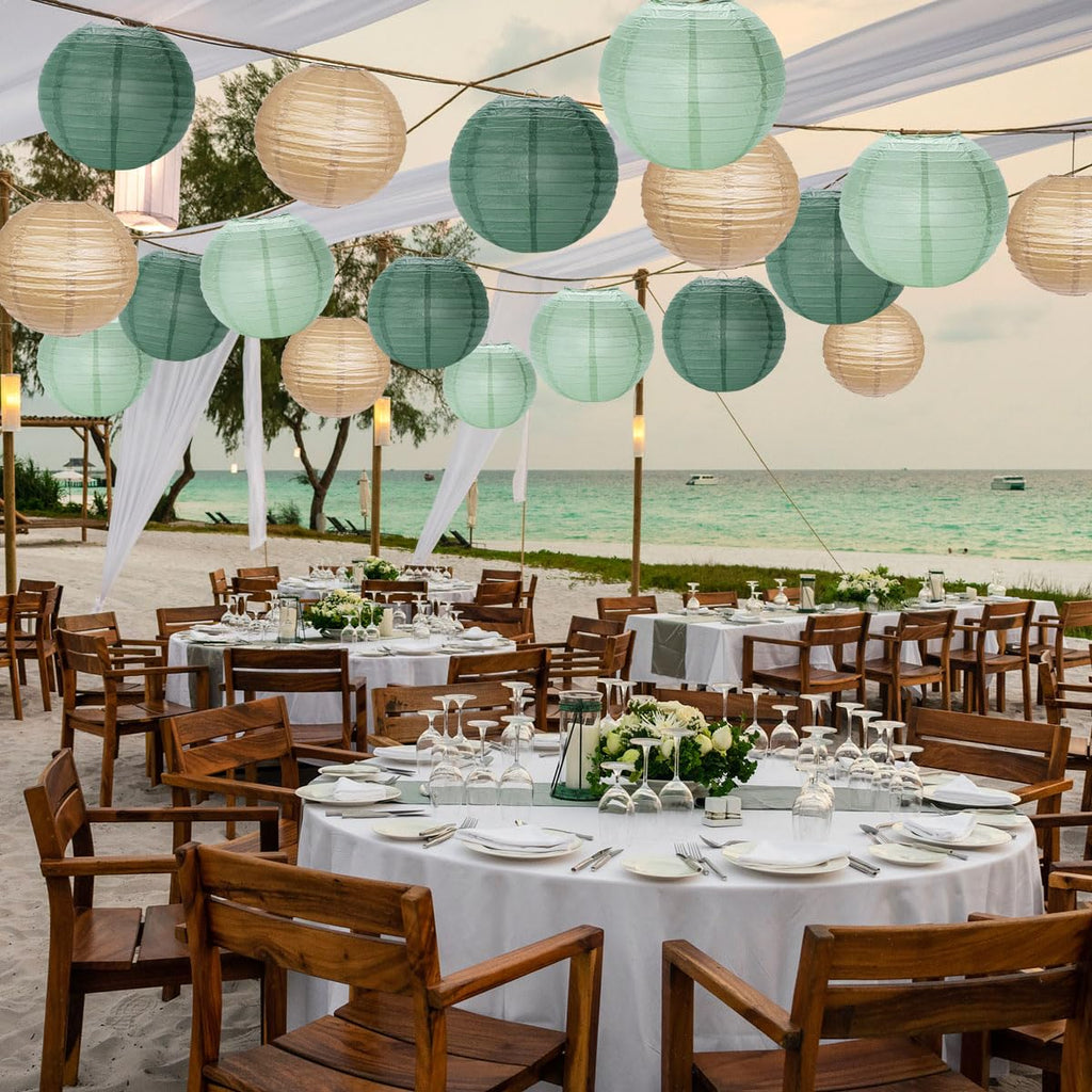 YUNXUAN Paper Lanterns Decorative, Sage Green Forest Tan Hanging Round Chinese Lanterns with Lights for Rustic Party Sage Green Birthday Party 12 LED Light Pack of 12