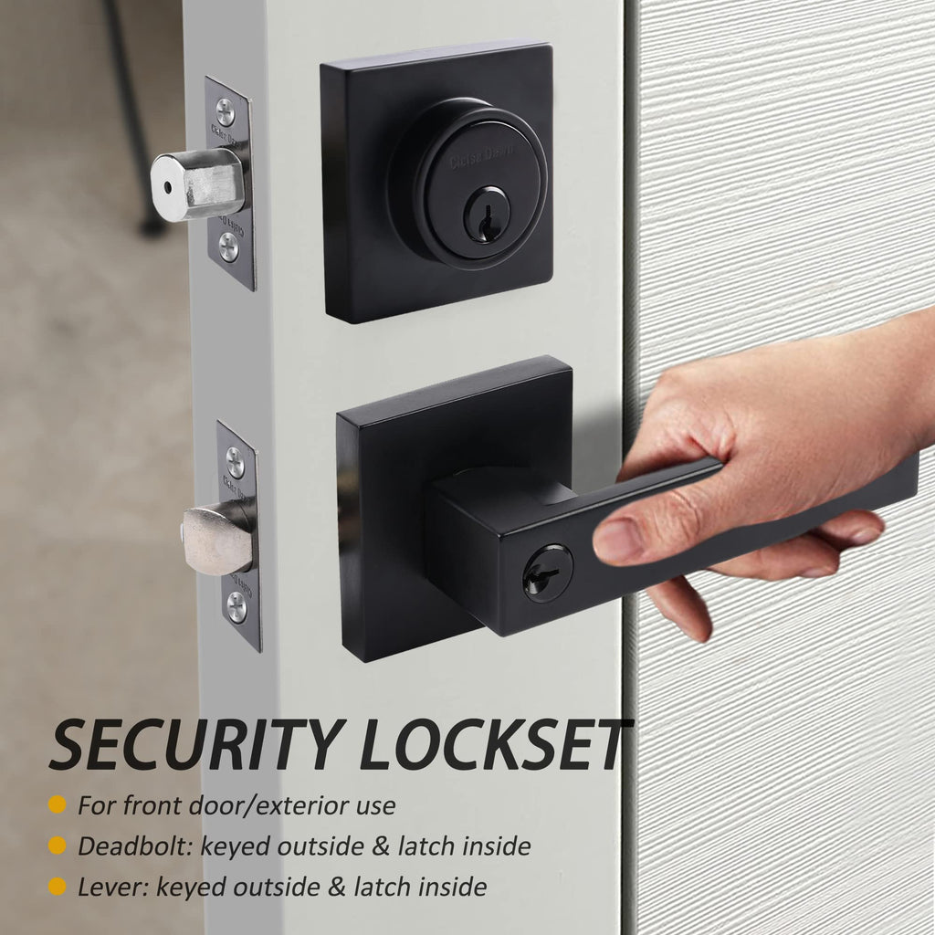 Front Door Lock Set Exterior Door Lock Set,Door Handle with Single Cylinder Deadbolt Lock,Keyed Alike Door Locks for Front Door(Matte Black,1Pack Set)