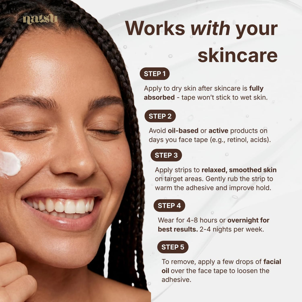 Overnight Anti Wrinkle Patches for Women - Japanese Face Tape for Forehead, Smile Lines - Pre-Cut Kinesiology Face Tape in 2 Sizes - Hypoallergenic, Skin Safe, Latex-Free - 1 Month Supply