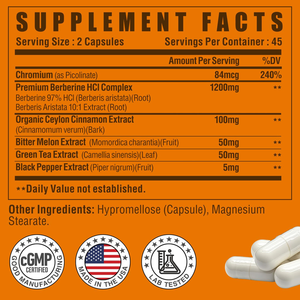 Organic Berberine Supplement-Berberine with Ceylon Cinnamon, Bitter Melon & Green Tea Extract, Supports Cholesterol Health & Immune Function. Third-Party Tested(Made & Tested in USA)-90 Capsules