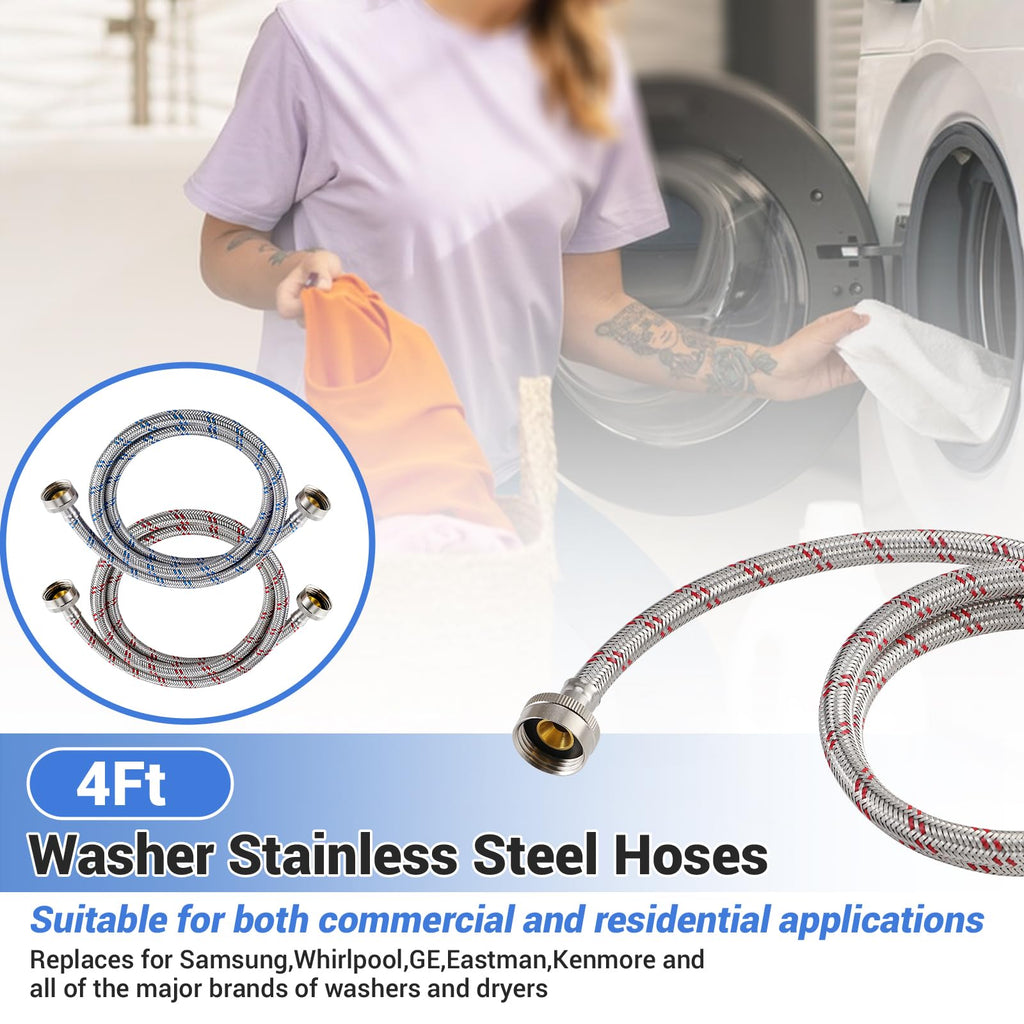 Yejesiy 4 Ft Washing Machine Hoses, 2 Packs Premium Stainless Steel Washer Hoses Burst Proof, Hot and Cold Striped Water Supply Hoses with 3/4'' Standard Interface fit for ALL Washer