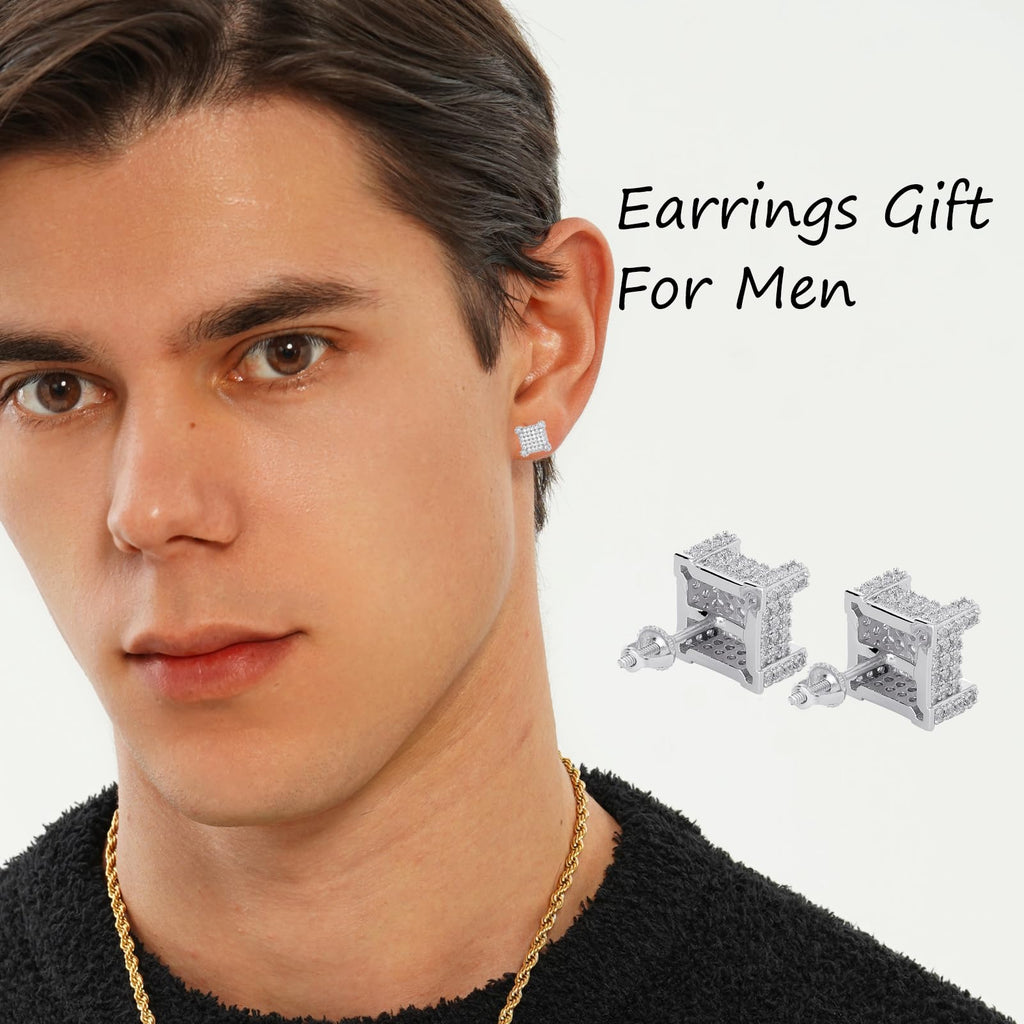 TOPGRILLZ 925 Sterling Silver Square Screw Stud Earrings 14K Gold Plated 5A+ Cubic Zirconia Iced Out Square Screw Back Hypoallergenic Cube Large Stud Earrings For Men Women(03Silver)