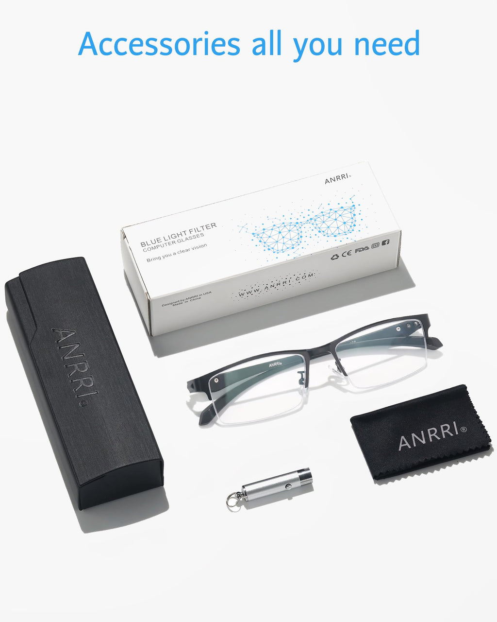 ANRRI Blue Light Glasses for Men Semi Rimless Rectangle Black Metal Frame UV Blocking Computer Glasses