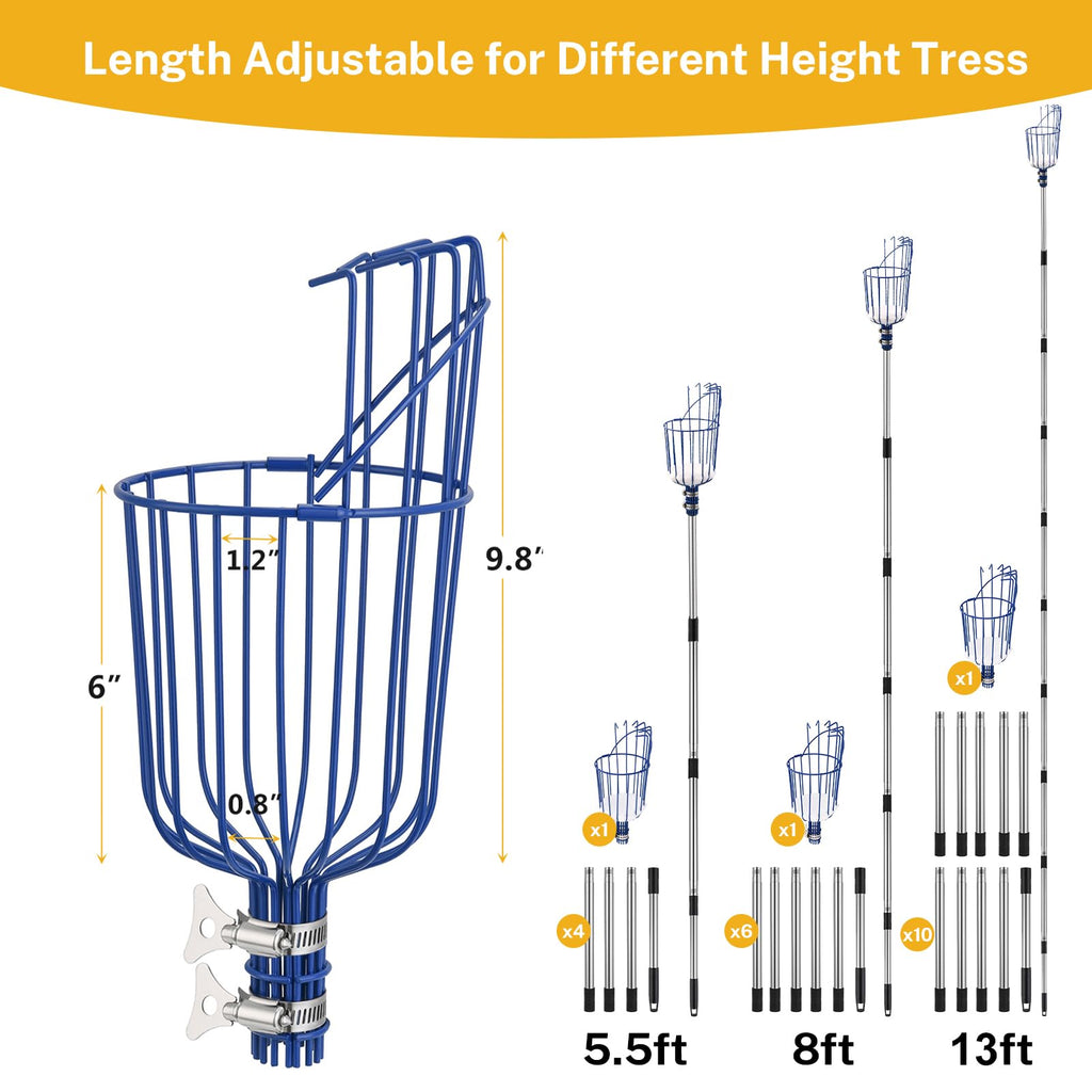 Oak Leaf Fruit Picker, 13 FT Picker Pole with Basket, Length Adjustable Apple Orange Picker Tool Tree Fruit Catcher with Lightweight Stainless Steel Connecting Pole, Foam Pad, 2 Metal Clamp(Upgraded)