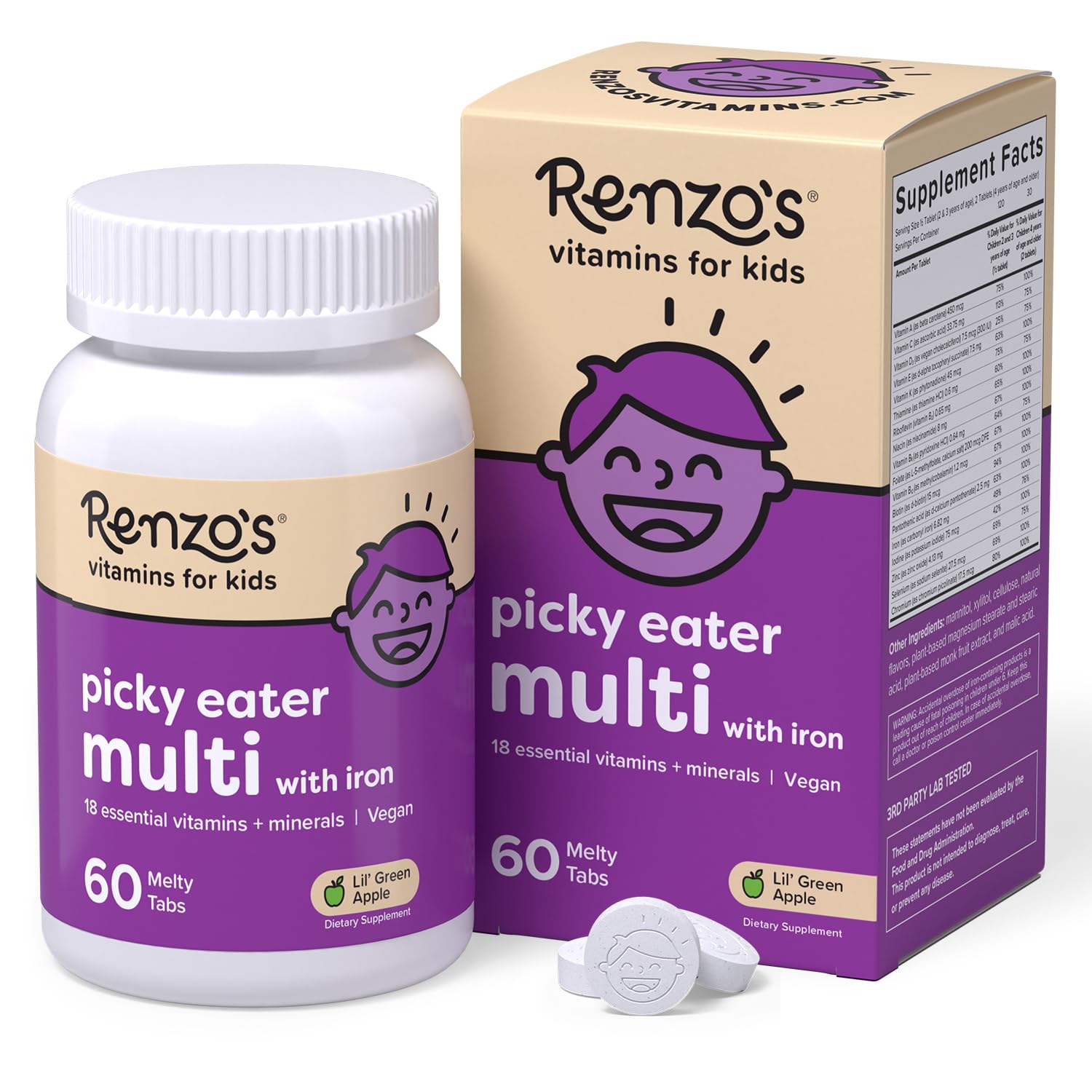 Renzo's Picky Eater Kids Multivitamin with Iron - Dissolvable Kids Vitamins with Iron, Zinc, Vitamin C, Vitamin D, E & K, Sugar-Free Melty Tabs, Green Apple Flavor, 60-Count (1-2 Month Supply)