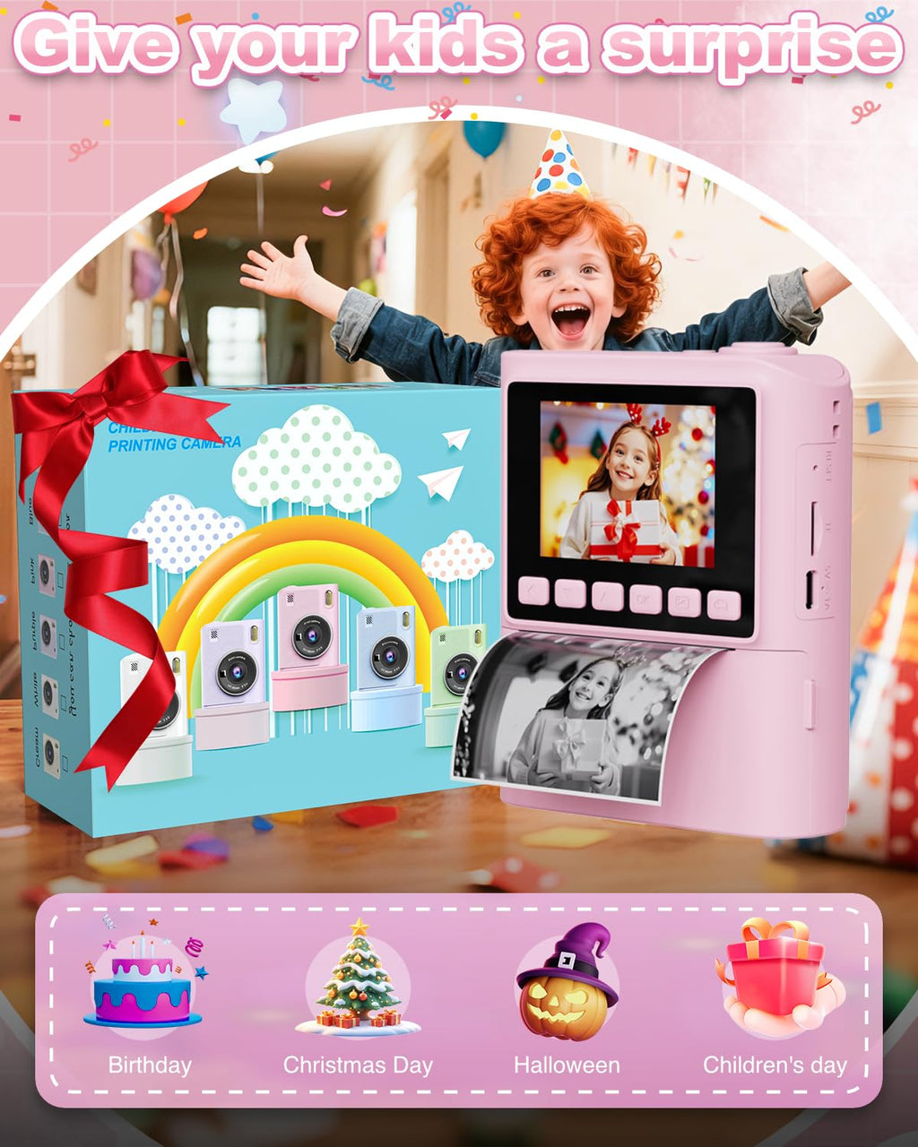 Instant Print Camera for Kids, 1080P Instant Digital Print Cameras for Toddler, Portable Toy for 4 5 6 7 8 9 10 Year Old Girl, Christmas Birthday Gifts for Girls Boys with SD Card Pink