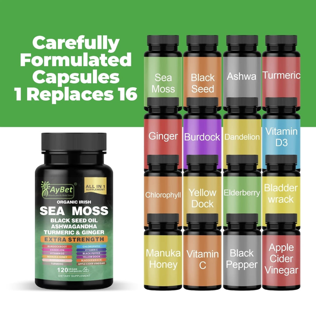 Organic Irish Sea Moss Capsules 120 Count –16 in 1 Sea Moss Supplement with Black Seed Oil, Ashwagandha, Turmeric & Ginger, Bladderwrack & Burdock Root, Vitamin D3 –Organic, Vegan, Halal, Non-GMO