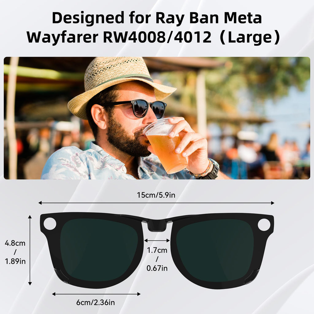 HIBLOKS Polarized Clip-ons for Ray-Ban Meta Wayfarer (RW4008 & RW4012 Large 53-22), Discoloration Clips Compatible with Ray-Ban Meta Wayfarer Gen 2 Protect Your Eyes, Cool and Fashion (Large, Black)