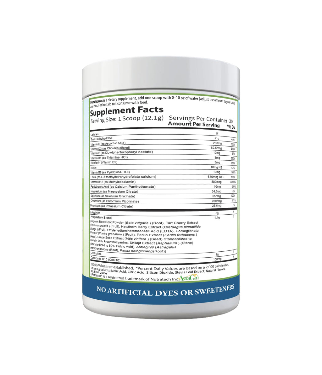 PURE® Cardio+ Nitric Oxide Heart & Circulation Support - 5000mg L-Arginine & 1000mg L-Citrulline - Mixed Berry, 30 Servings Powder, 363 Grams - CoQ10 Beet Root - High Potency Cardiovascular Formula