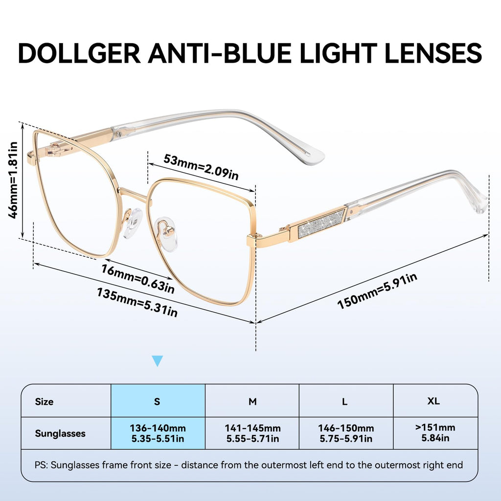 Dollger Square Blue Light Blocking Glasses for Women Trendy Oversized Computer Gaming Eyeglasses Cat Eye Metal Frame bluelight glasses Gold