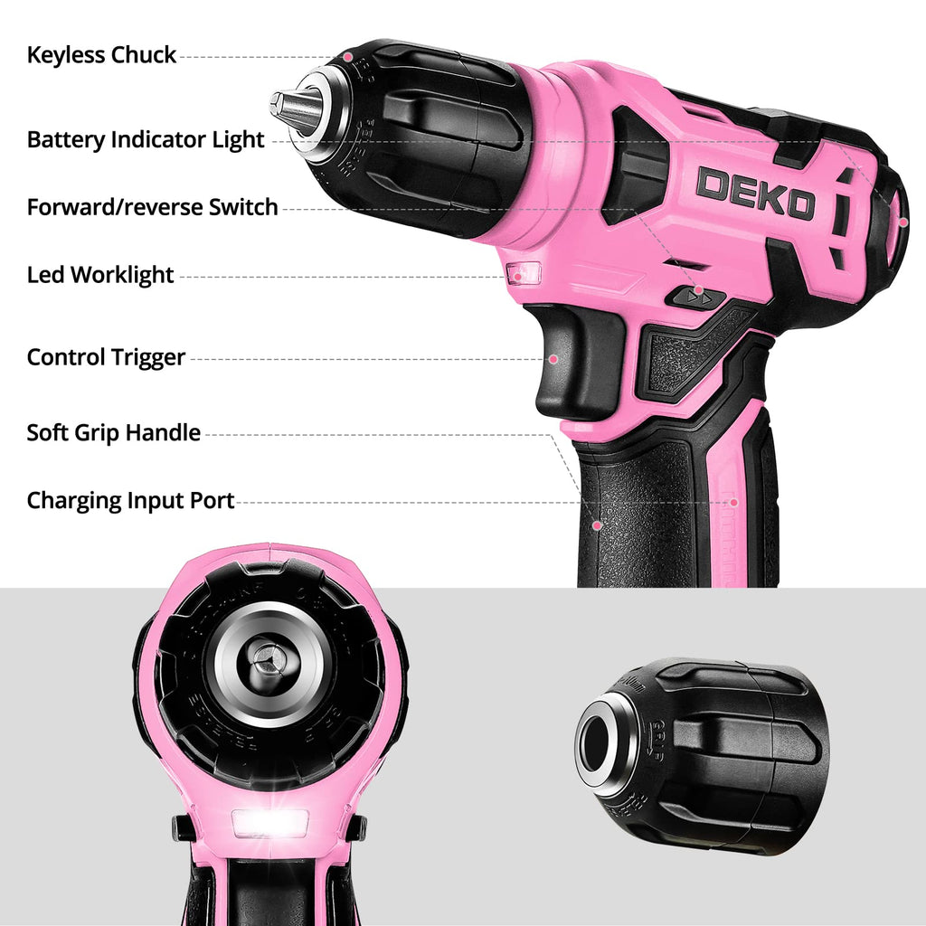 DEKOPRO Drill Set, Home Tool Set with 8V Pink Cordless Drill, Hand Tool Kit for Women, 126 pcs