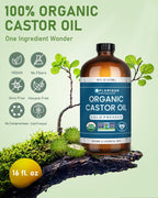Florisan USDA Certified Organic Castor Oil 16oz Glass Bottle, Cold Pressed, Hexane-Free, Non-GMO, Vegan, 100% Pure Castor Oil for Hair Growth, Skin, Lashes, Eyebrows, EWG Verified