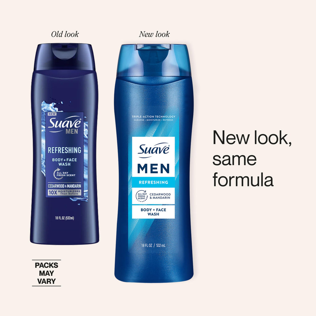 Suave Men Moisturizing Body & Face Wash, With Cedarwood and Mandarin Scent, No Parabens, No Phtahaltes, 18 Oz Pack of 6