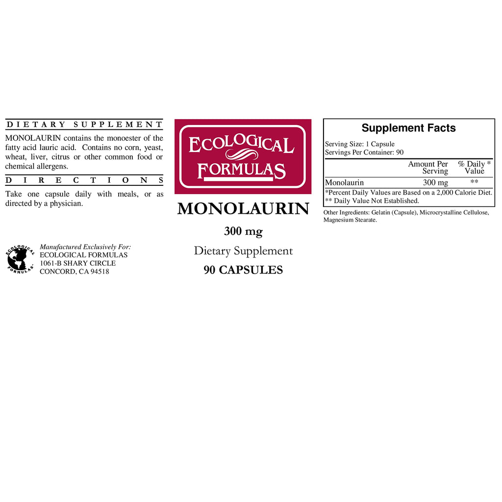 Ecological Formulas Monolaurin 300 mg 180 Capsules (90 Capsules x 2 Bottles)