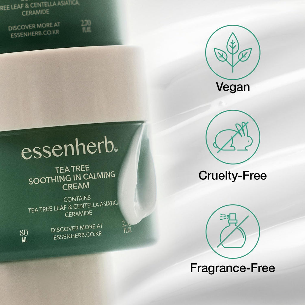 ESSENHERB Tea Tree Soothing In Calming Cream for Sensitive Skin with Tea Tree Oil & Cica, Helps reduce redness and breakouts, Soothing skin and providing hydration, Korean Skin Care (2.70 fl.oz)