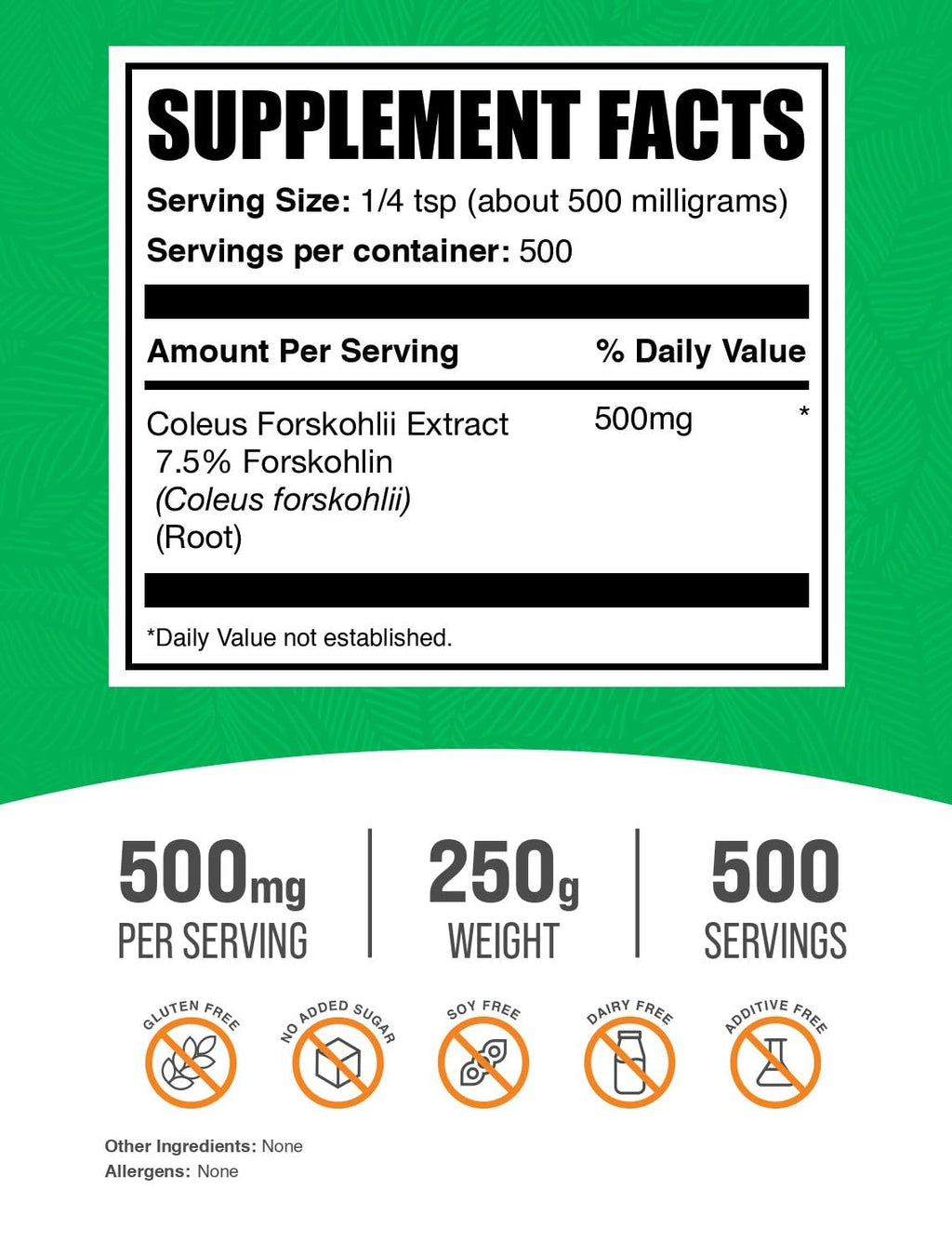 BulkSupplements.com Coleus Forskohlii Extract Powder - Forskolin Supplement, Forskolin Powder - Herbal Supplement, Gluten Free, 500mg per Serving, 250g (8.8 oz) (Pack of 1)