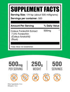 BulkSupplements.com Coleus Forskohlii Extract Powder - Forskolin Supplement, Forskolin Powder - Herbal Supplement, Gluten Free, 500mg per Serving, 250g (8.8 oz) (Pack of 1)