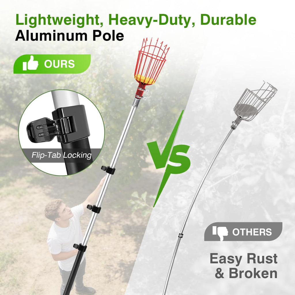 ARTIPOLY 20FT Reach Telescoping Fruit Picker, 4-12FT Adjustable Aluminum Pole with Basket, Lightweight Heavy Duty Tool for Harvesting Apples Mangoes Avocados Pears Lemons