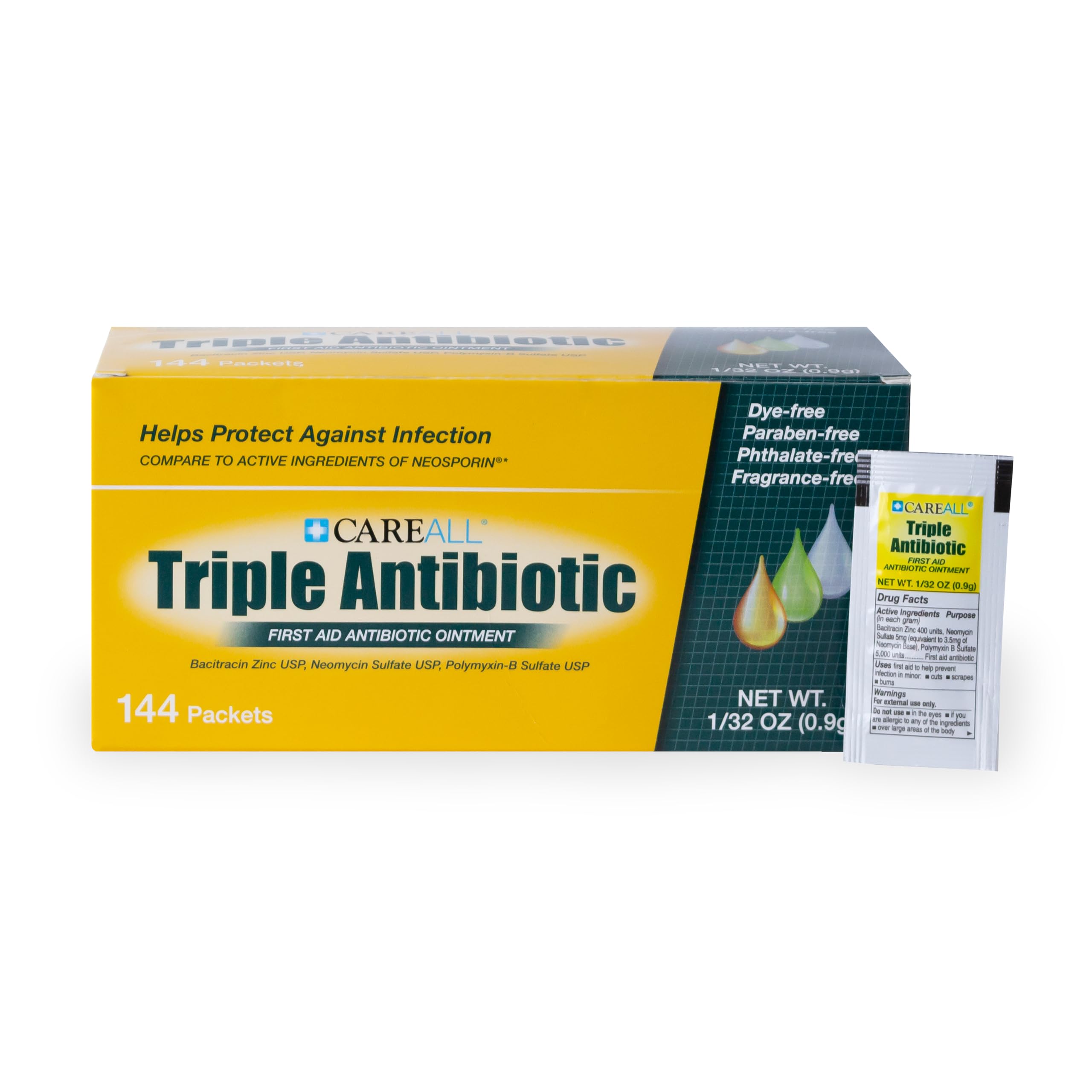 CareAll Triple Antibiotic Ointment (144 Pack), 0.9gr Foil Packet. First Aid Ointment That Prevents Infection in Minor Cuts, Scrapes, and Burns