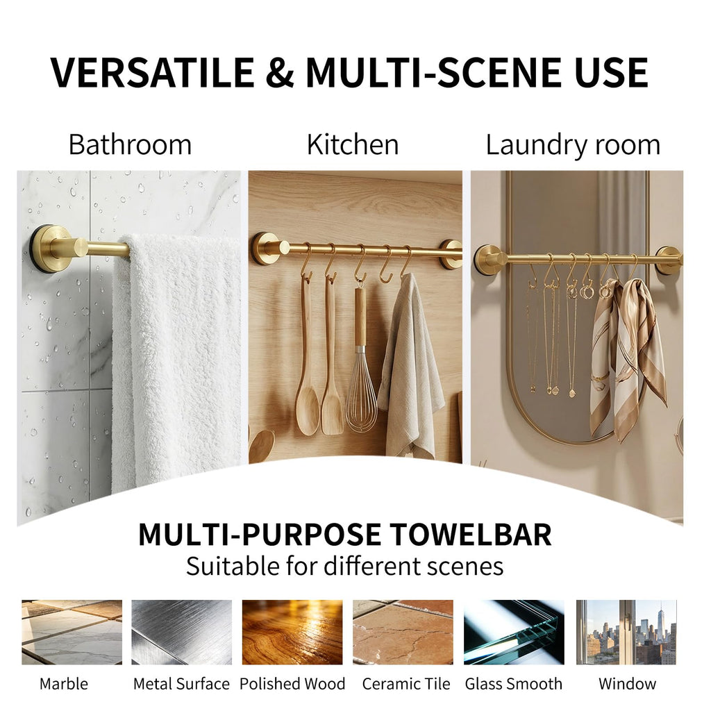 Dovyn Stainless Steel Suction Cup Towel Bar, Adjustable Towel Racks for Bathroom (14.6-24 Inch) - Bathroom Towel Holder Wall Mounted for Glass Shower Door & Wall (Brushed Gold)