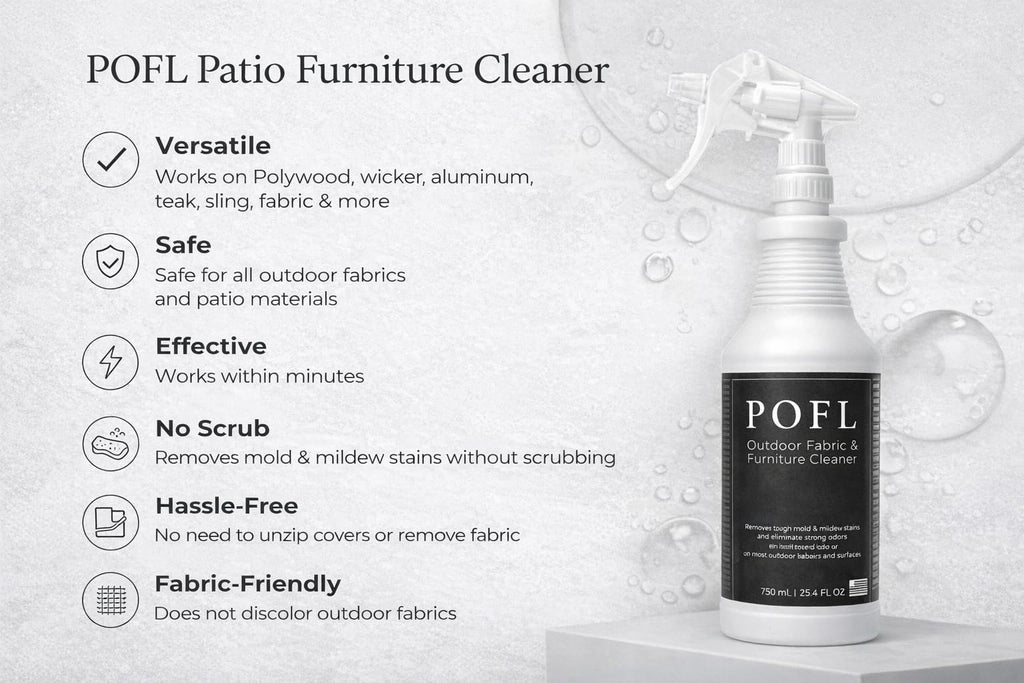 POFL Outdoor Fabric & Furniture Cleaner – Mold & Mildew Stain Remover for Patio Cushions, Wicker, Teak, Aluminum & Marine Seating – 25.36 fl oz