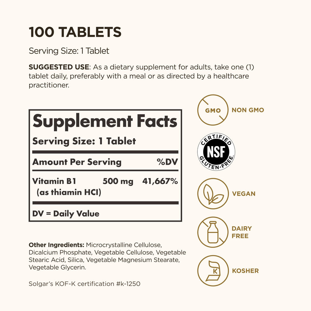 Solgar Vitamin B1 (Thiamin) 500 mg, 100 Tablets - Energy Metabolism, Healthy Nervous System, Overall Well-Being - Super Potency - Non-GMO, Vegan, Gluten Free, Dairy Free - 100 Servings
