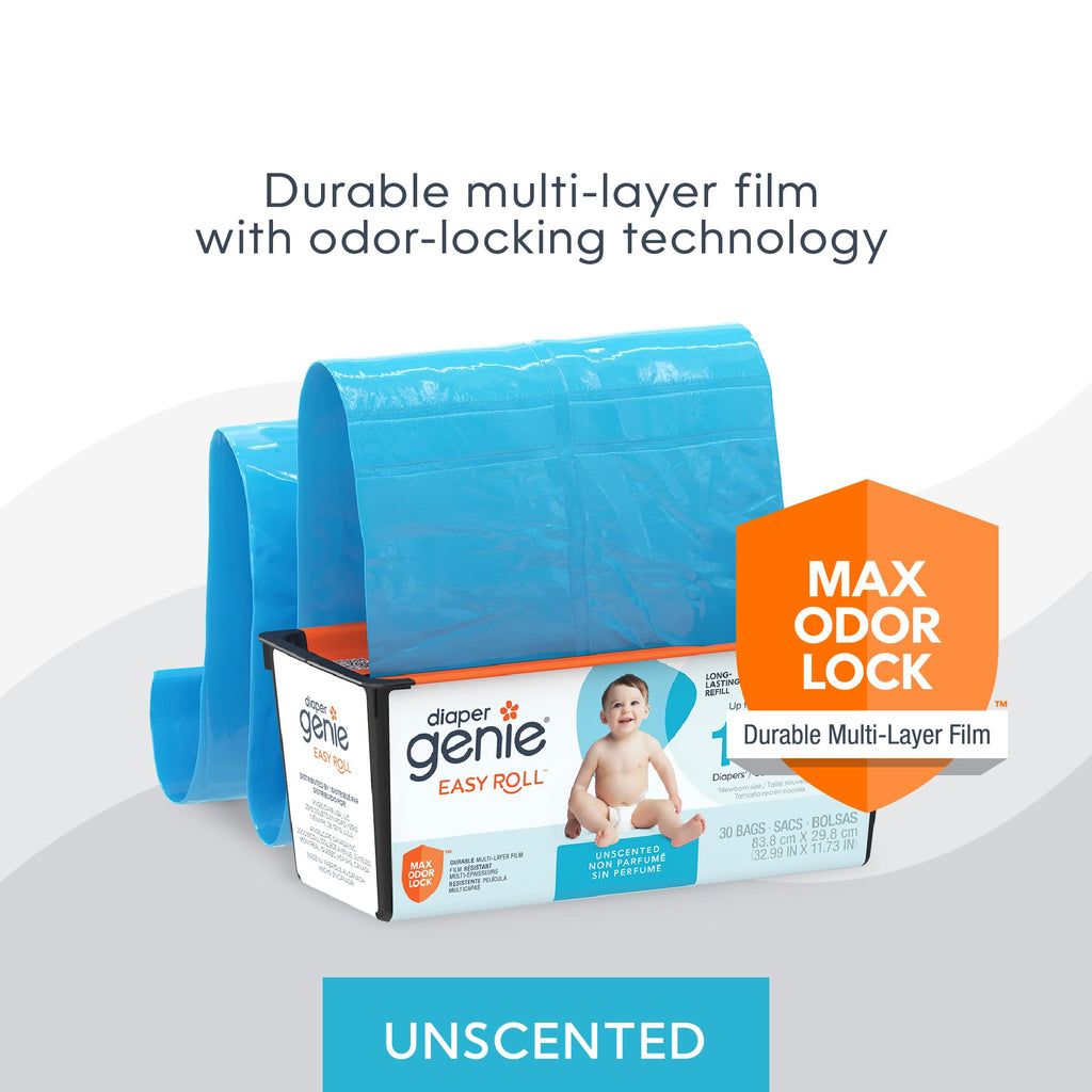 Diaper Genie Easy Roll Refill | 30 Bags Per Refill | Holds Up to 1410 Newborn Diapers | Odor Control | Diaper Pail Refill Bags | Fits Diaper Genie Signature & Platinum Pails