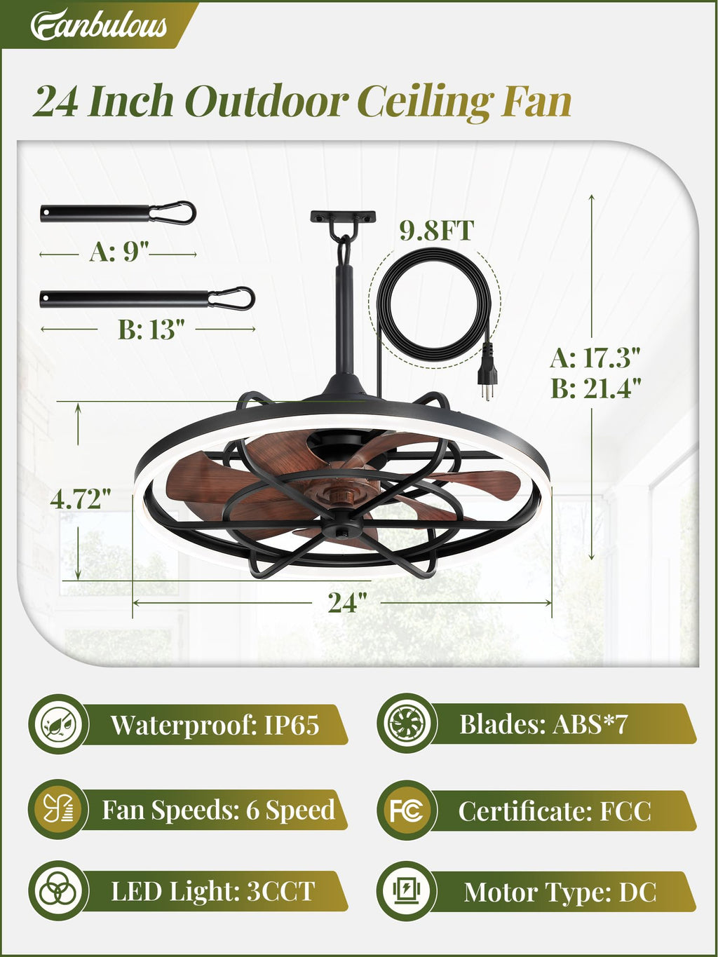 Fanbulous Outdoor Ceiling Fans with Light for Patios, 24" Weatherproof Plug in Ceiling Fan, Gazebo Fan Remote&APP Control, 3CCT Dimmable, Caged Ceiling Fan with Hanging Hook for Porch, Pergola, Canopy