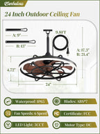Fanbulous Outdoor Ceiling Fans with Light for Patios, 24" Weatherproof Plug in Ceiling Fan, Gazebo Fan Remote&APP Control, 3CCT Dimmable, Caged Ceiling Fan with Hanging Hook for Porch, Pergola, Canopy