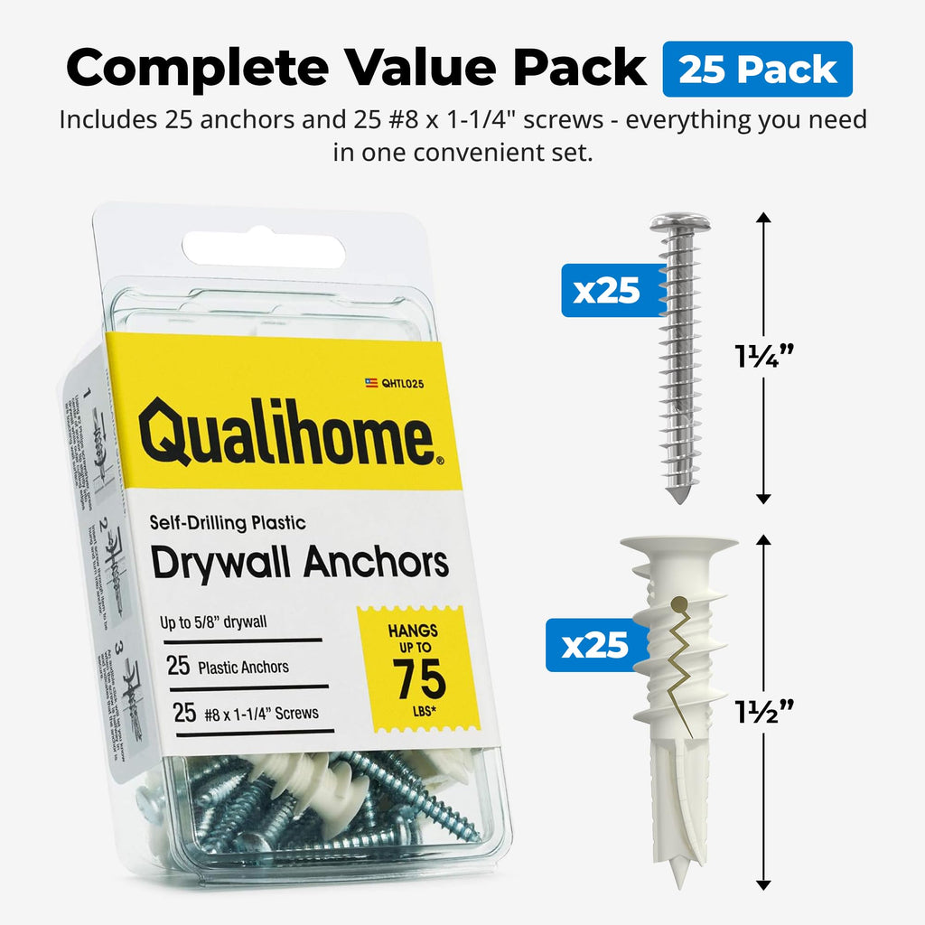 Qualihome Drywall Anchors with Screws – Self-Drilling Drywall Anchors, Anti-Spin Grip, No Pre-Drill Wall Anchor Kit, Strong & Reliable Hold, 25 Pack (50 Pieces)