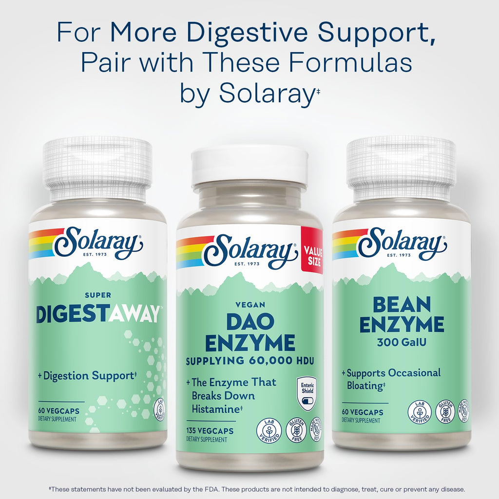 SOLARAY DAO Enzyme - Digestive Enzyme that Breaks Down Histamine - 60,000 HDU - Digestive Enzymes - Vegan, Gluten Free, Lab Verified - 135 Servings, 135 VegCaps