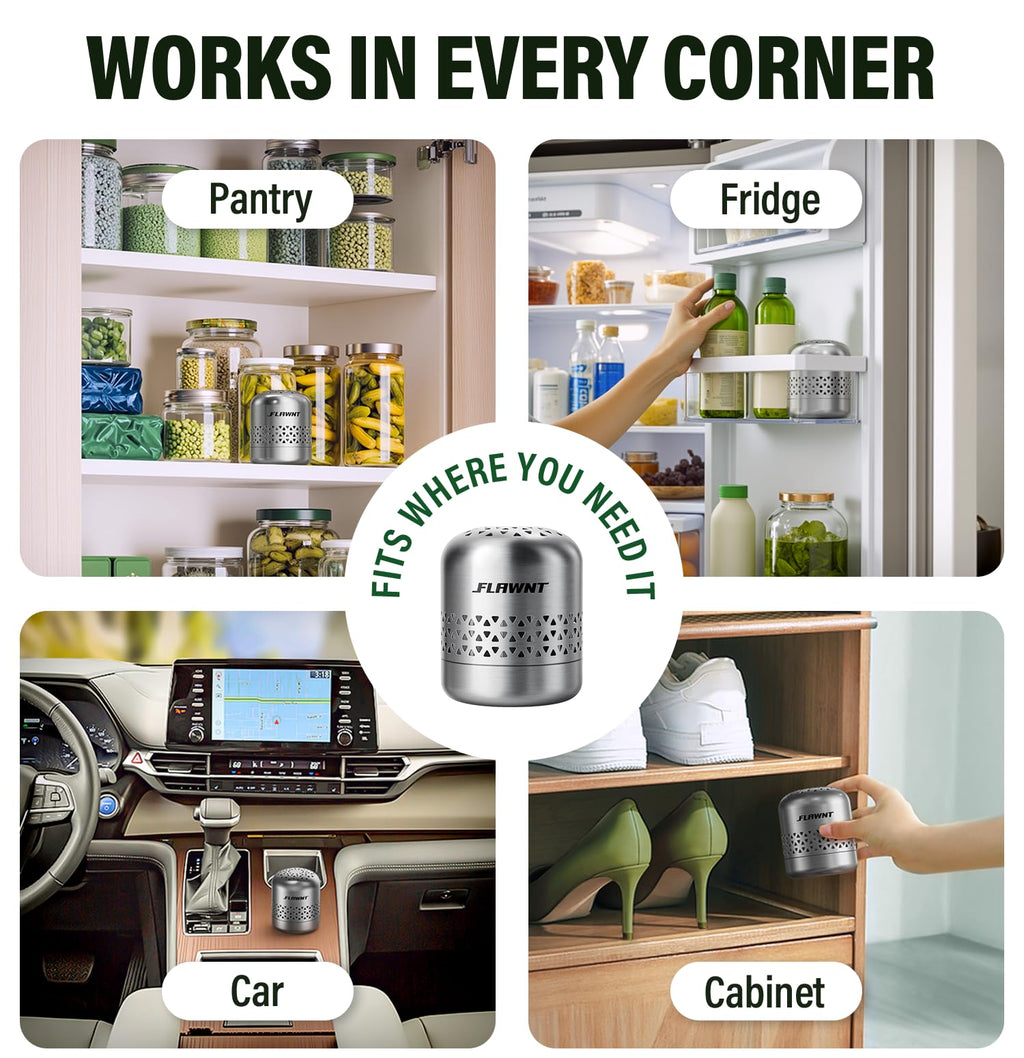 FLAWNT Fridge Deodorizer, 10-Year Odor Eliminator for Refrigerator, No Refills or Fragrance, More Effective Than Charcoal Air Purifiers-Space Grey